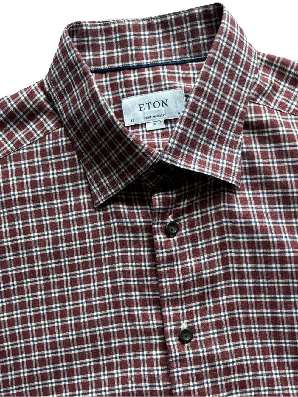 Eton Twill Check Burgundy Contemporary Fit Button Up LS Dress Shirt Size 17